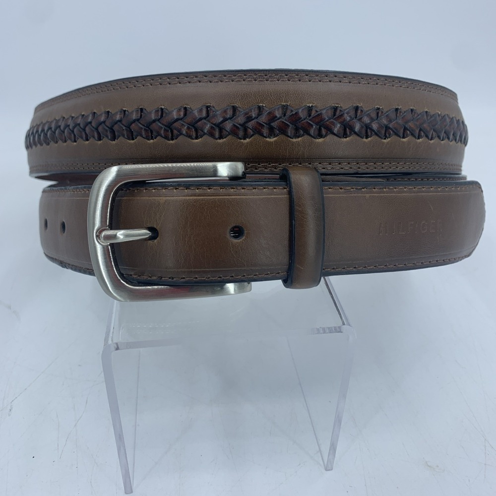 Tommy Hilfiger Men 46 Brown Belt Braided Detail Professional Preppy Faux Leather